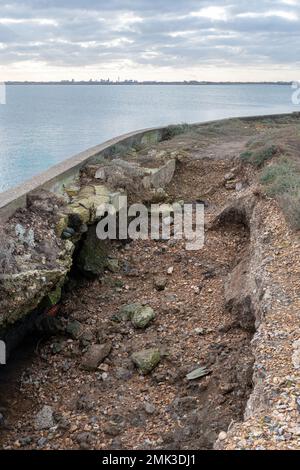 L'érosion côtière a causé une brèche dans la digue en 2020 et la perte du sentier, Langstone Harbour, à la réserve naturelle de Southmoor, Hampshire, Angleterre, Royaume-Uni Banque D'Images