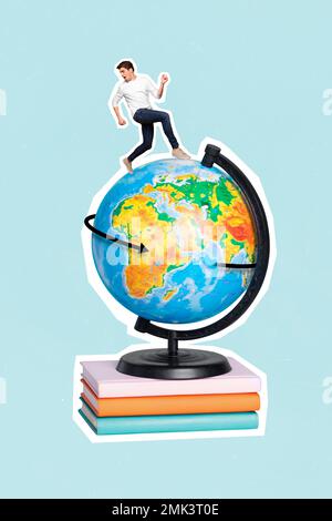 Image de collage vertical d'un petit gars impressionné courant énorme planète en rotation terre globe pile livre isolé sur fond créatif Banque D'Images