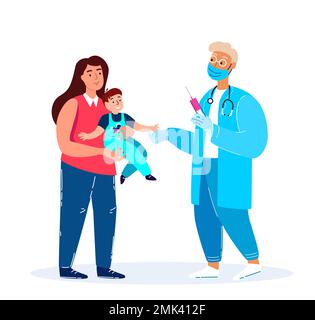 Un pédiatre masculin médecin vaccine un enfant.concept d'inoculation illustration de l'immunité santé. Mère avec bébé à l'hôpital.Docteur dans un Unif médical Banque D'Images