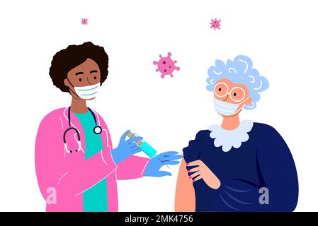 Afriacn infirmière médecin support et vacciner la vieille femme à la retraite.COVID concept d'inoculation pandémique illustration pour l'immunité santé.Senior Lady i Banque D'Images