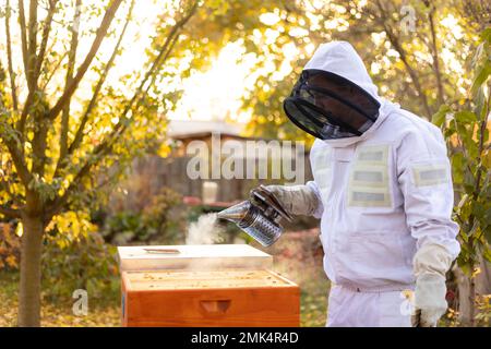 Fumeur d'abeille avec apiariste avec l'équipement professionnel qui travaille dans son apiaire sur la ferme d'abeille, concept d'apiculture Banque D'Images