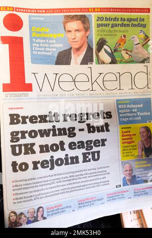 "Le Brexit regrette de se développer - mais le Royaume-Uni n'est pas impatient de rejoindre l'UE" i week-end journal en première page le 28th janvier 2023 Londres Angleterre Royaume-Uni Grande-Bretagne Banque D'Images