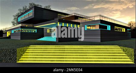 Eclairage nocturne élégant de la maison de banlieue haut de gamme lors d'une nuit étoilée. Marches jaunes. Illustration adaptée à l'immobilier contemporain des Banque D'Images