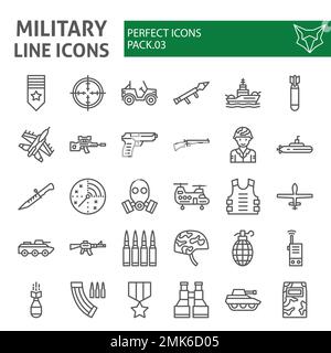 Jeu d'icônes de ligne militaire, collection de symboles de l'armée, croquis vectoriels, illustrations de logo, paquet de pictogrammes linéaires de panneaux de guerre isolé sur fond blanc, eps 10. Illustration de Vecteur