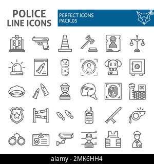 Jeu d'icônes de police, collection de symboles de sécurité, croquis vectoriels, illustrations de logos, paquet de pictogrammes linéaires de signalisation de sécurité isolé sur fond blanc, eps 10. Illustration de Vecteur