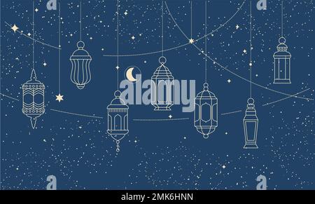 Guirlande de lanternes traditionnelles de Ramadan Kareem arabe, lanternes de décoration musulmane, ciel étoilé et lumières de lampe, fêtes orientales islamiques, vecteur Illustration de Vecteur