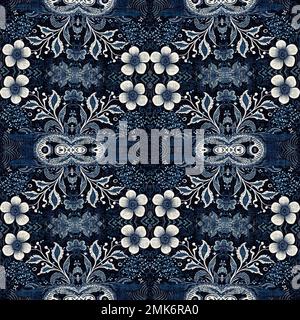 Toile de fond rétro en tissu à motifs indigo floral bandana 2 tons. Denim bleu boho sans couture. Papier peint masculin de mode. Banque D'Images