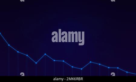Graphique à lignes bleu clair décroissant simple sur fond bleu foncé avec carte du monde pixélisée. Résumé de l'analyse du marché boursier ou de la finance concept backgrou Banque D'Images