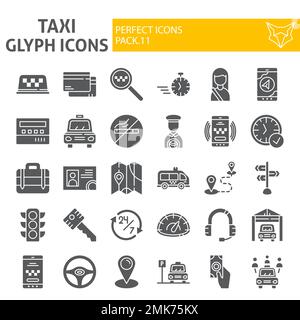 Jeu d'icônes de glyphe de taxi, collection de symboles de voiture, croquis de vecteur, illustrations de logo, panneaux de cabine paquet de pictogrammes pleins isolés sur fond blanc, eps 10. Illustration de Vecteur