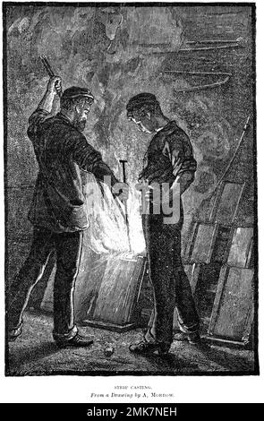 Gravure d'hommes travaillant sur le moulage de bandes dans une fonderie de laiton à Burmingham, vers 1880 Banque D'Images