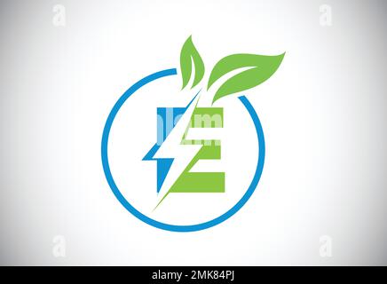Lettre E initiale cercle de feuilles de l'éclair ou icône d'économie d'énergie. Concept d'icône de feuille et d'éclair pour le logo de puissance électrique de la nature Illustration de Vecteur