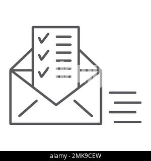 Icône de ligne fine du document envoyé, e-mail et e-mail, enveloppe avec signe de liste, graphiques vectoriels, motif linéaire sur fond blanc, eps 10. Illustration de Vecteur