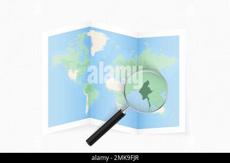 Agrandir Myanmar avec une loupe sur une carte pliée du monde. Carte de papier vectoriel. Illustration de Vecteur