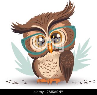 Personnage mignon de dessin animé de sage hibou vecteur. Animal intelligent, enfants joyeuse illustration. Design coloré et amusant. Illustration de Vecteur