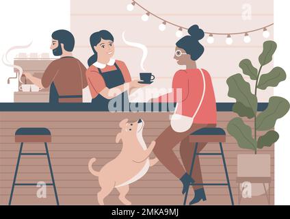 Les gens dans un café confortable, intérieur de café, le barista fait du café, les clients et les serveuses personnages, illustration vectorielle plate Illustration de Vecteur