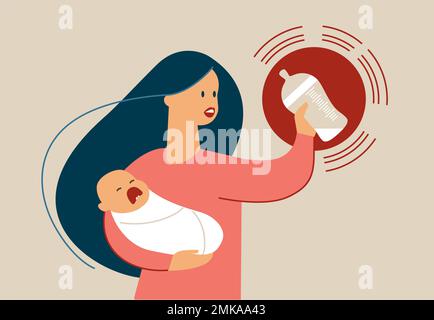 Mère avec un bébé qui pleure faim sur ses mains, tenant un biberon avec du lait maternisé au fond. Concept de crise de formule bébé. Vecteur plat Illustration de Vecteur