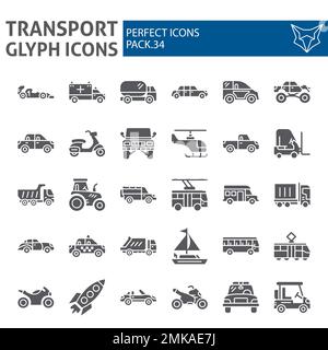 Jeu d'icônes de glyphes de transport, collection de symboles de véhicules, croquis vectoriels, illustrations de logos, paquet de pictogrammes pleins de signalisation routière isolé sur fond blanc, eps 10. Illustration de Vecteur