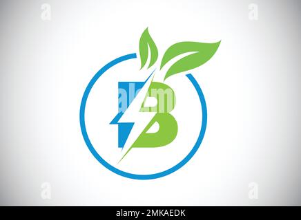 Lettre B initiale cercle de feuilles de l'éclair ou icône d'économie d'énergie. Concept d'icône de feuille et d'éclair pour le logo de puissance électrique de la nature Illustration de Vecteur