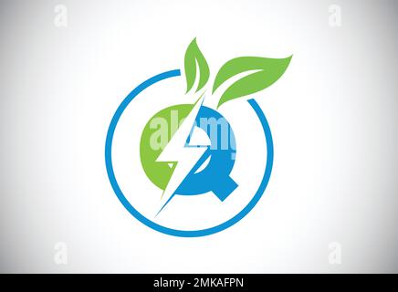 Lettre Q initiale cercle de feuilles de l'éclair ou icône d'économie d'énergie. Concept d'icône de feuille et d'éclair pour le logo de puissance électrique de la nature Illustration de Vecteur