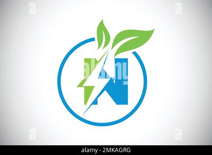 Lettre N initiale cercle de feuilles de l'éclair ou icône d'économie d'énergie. Concept d'icône de feuille et d'éclair pour le logo de puissance électrique de la nature Illustration de Vecteur
