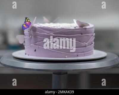 gâteau dépoli de 20 ans décoré d'une phrase crème faite à la main, papillons, perles, saupoudrés par le concepteur de boulanger Banque D'Images