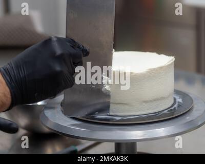 chef pâtissier confiserie un gâteau dépoli de 3 couches de sol farci de fraises, de bleuets et de crème au beurre fouetté. Structure de gâteau bef Banque D'Images