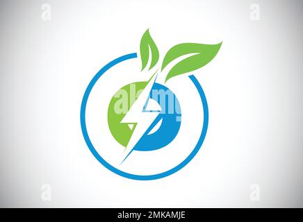 Lettre O initiale cercle de feuilles de l'éclair ou icône d'économie d'énergie. Concept d'icône de feuille et d'éclair pour le logo de puissance électrique de la nature Illustration de Vecteur