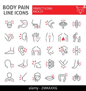 Jeu d'icônes de ligne de douleur corporelle, collection de symboles de douleur d'organes, croquis vectoriels, illustrations de logo, paquet de pictogrammes linéaires de signes de maladie isolé sur fond blanc, eps 10. Illustration de Vecteur