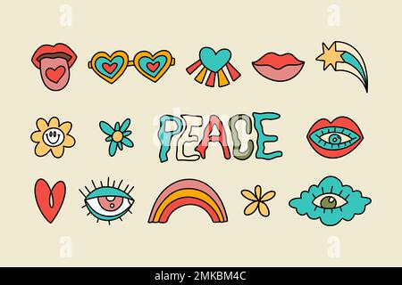 Ensemble d'éléments positifs pour l'aine de la paix avec un œil de nuage de coeur et des lèvres. Collection Rainbow et Flower Icon. Autocollant vecteur pop hipster Illustration de Vecteur