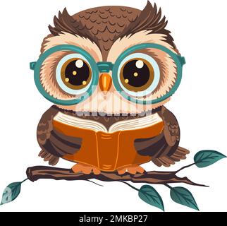 Chouette chouette chouette chouette avec un personnage de vecteur de livre. Animal intelligent, enfants joyeuse illustration. Design coloré et amusant. Illustration de Vecteur