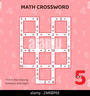 Puzzle de mots croisés mathématiques pour les enfants. Addition et soustraction. Illustration de Vecteur