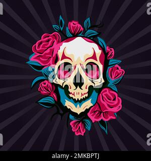 Tête de crâne et fleur de rose, imprimé de dessin de symbole. Déco mort vecteur rétro Illustration de Vecteur