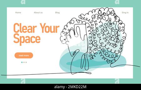 Dessin continu d'une ligne de mains portant des gants en caoutchouc surface de nettoyage avec un chiffon en microfibre ou une éponge et un spray désinfectant pendant la période de quarantaine prévue. Placez facilement votre texte et le logo de votre marque Illustration de Vecteur