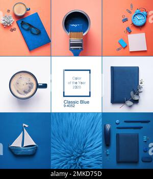 Collage réalisé avec des photos inspirées de la couleur de l'année 2020 (bleu classique) Banque D'Images