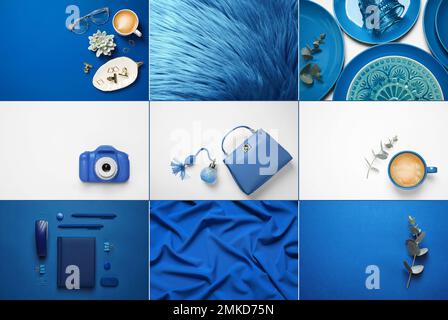 Collage réalisé avec des photos inspirées de la couleur de l'année 2020 (bleu classique) Banque D'Images