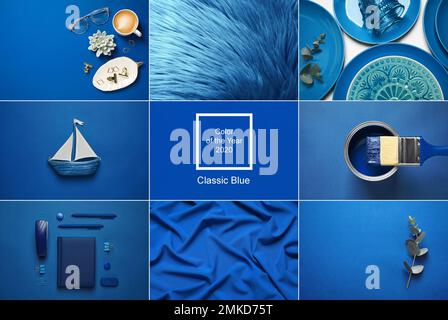 Collage réalisé avec des photos inspirées de la couleur de l'année 2020 (bleu classique) Banque D'Images
