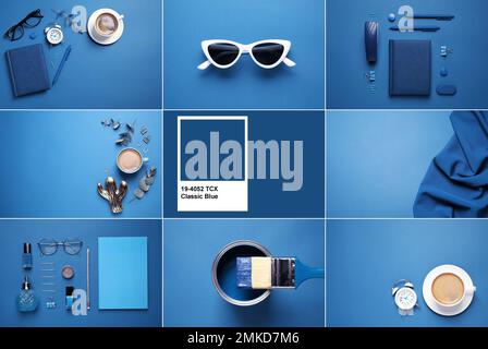 Collage réalisé avec différentes photos inspirées de la couleur de l'année 2020 (bleu classique) Banque D'Images