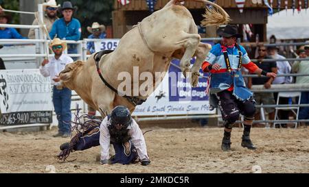 Homestead, Floride, États-Unis. 28th janvier 2023. 74th Rodeo de championnat annuel Homestead, présenté par Downrite Engineering et Spitzer Chrysler Dodge Jeep RAM de Homestead. Barrel Racing, Bull Riding, Tie Down Roping, Team Roping, Saddle Bronc Riding, Bareback Bronc Riding, Steer Wrestling, John Harrison Specialty Act, Homestead Everglades Posse Specialty Act. PRCA. Credit: Yaroslav Sabitov/YES Market Media/Alay Live News Banque D'Images