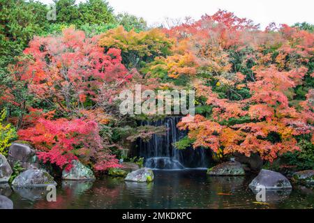 La belle vue d'automne de l'étang avec une chute d'eau à Kokoen, est un jardin de style japonais relativement récemment construit, il est à côté du château Himeji Banque D'Images