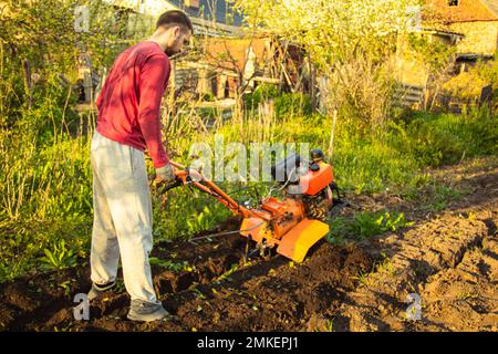 Un fermier travaille dans le champ, labourant la terre avec une charrue sur la ferme. Un charpiller sur une promenade derrière un cultivateur à moteur. Saison de labour. Culte organique Banque D'Images