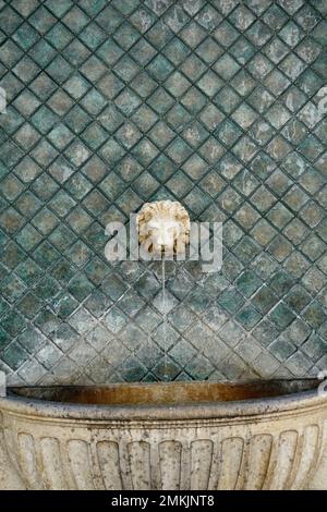 Une fontaine à tête de lion de ciment contre un mur de carreaux turquoise. Banque D'Images