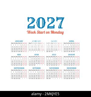 2027 modèle de calendrier vectoriel vintage. Les semaines commencent le lundi Illustration de Vecteur