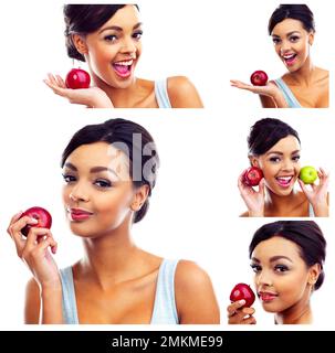 Une pomme une image en day...Composite d'une jeune femme attrayante mangeant des pommes isolées sur blanc. Banque D'Images