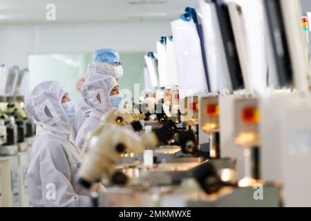 SUQIAN, CHINE - 29 JANVIER 2023 - les travailleurs font des puces électroniques lors d'un atelier à Suqian, dans la province de Jiangsu, en Chine orientale, le 29 janvier 2023. Banque D'Images