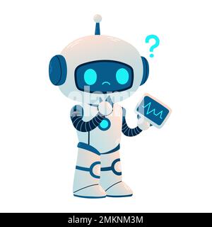 Robot mignon avec tablette et question. Concept de la technologie de la science de la bande dessinée vecteur isolé. Style de dessin animé plat Illustration de Vecteur