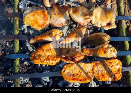 Barbecue de poulet, de boeuf et de viande de porc friture sur le gril de pays en été Banque D'Images