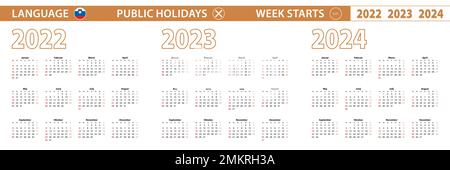 Calendrier vectoriel de 2022, 2023 et 2024 ans en langue slovène, la semaine commence le dimanche. Calendrier vectoriel. Illustration de Vecteur