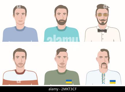 Les avocats européens occasionnels pour les réseaux sociaux. Homme avec moustache ou barbe et différents styles de cheveux. Illustration vectorielle. Illustration de Vecteur