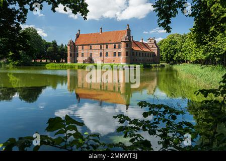 Danemark, Jutland, Djursland : la façade Renaissance du château de Rosenholm se reflète dans l'eau et est encadrée de feuilles et de branches Banque D'Images