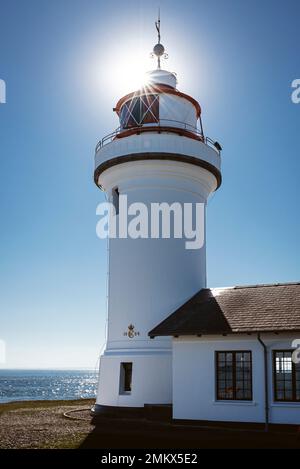 Le soleil brille avec des étoiles solaires dans un ciel bleu derrière la silhouette du phare de Sletterhage FYR, Djursland, Jutland, Danemark Banque D'Images